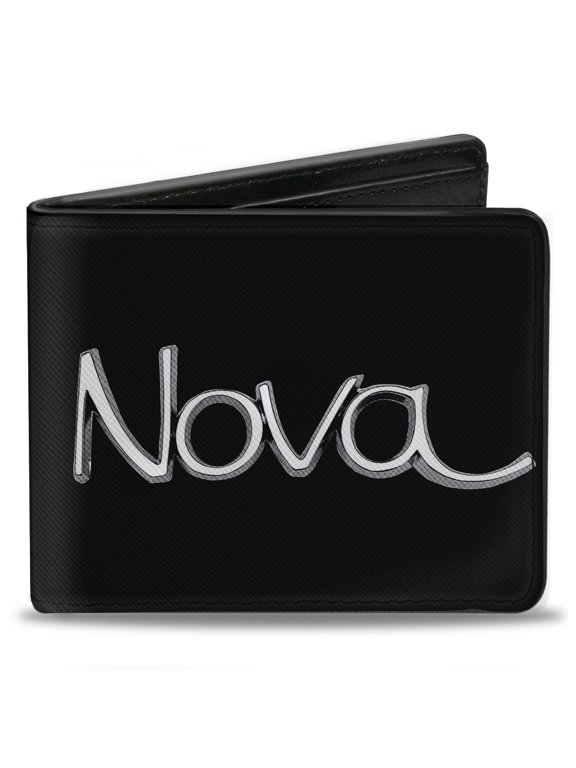 GM General Motors Wallet, Bifold, 1968 to 72 Nova Script Emblem Black Silver, Vegan Leather