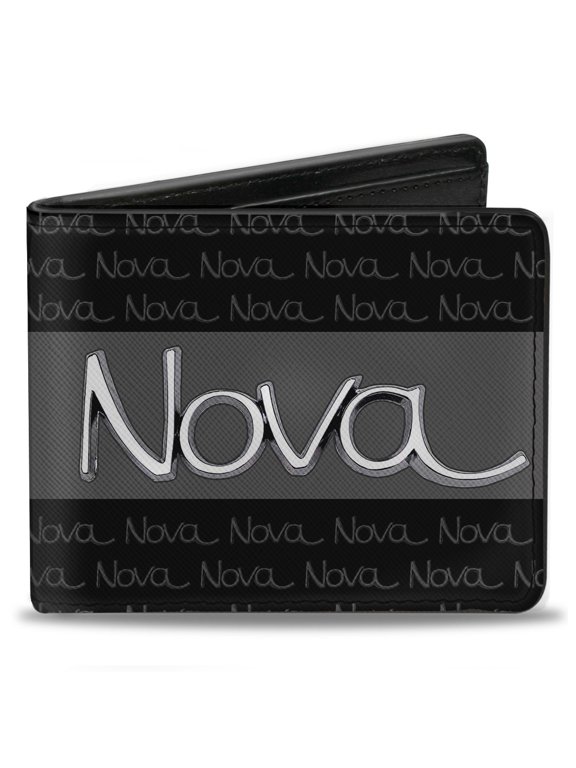 GM General Motors Wallet, Bifold, 1968 to 72 Nova Script Emblem Stripe Repeat Black Gray Silver, Vegan Leather