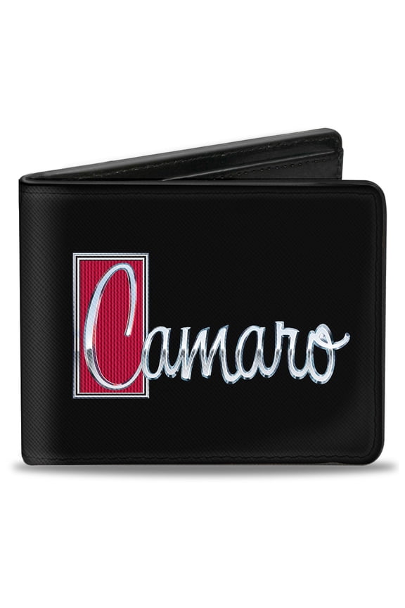 GM General Motors Wallet, Bifold, 1972 Camaro Script Emblem Black Silver Reds, Vegan Leather