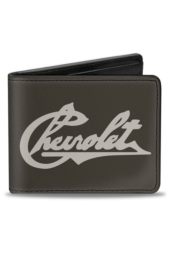 GM General Motors Wallet, Bifold, Chevrolet Heritage Script Charcoal Tan, Vegan Leather