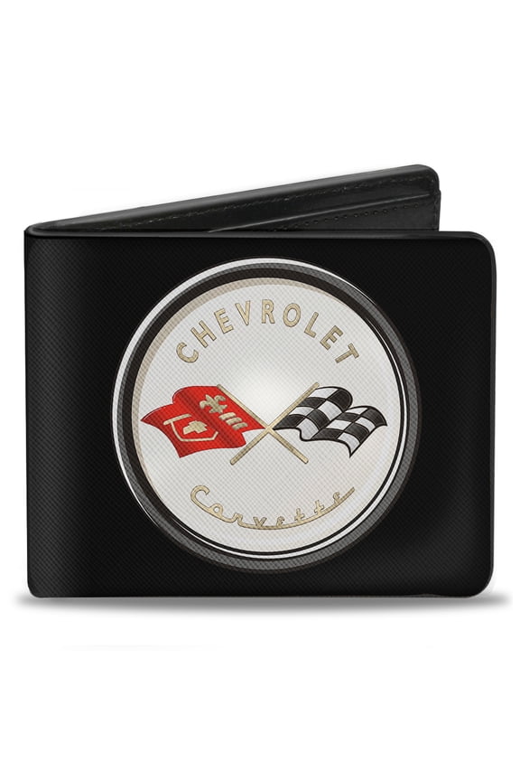 GM General Motors Wallet, Bifold, Corvette C1 Flags Emblem Black, Vegan Leather