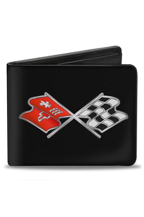 GM General Motors Wallet, Bifold, Corvette C3 Crossed Flags Logo Black, Vegan Leather
