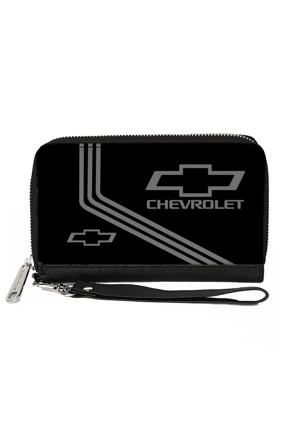 GM General Motors Wallet, Zip Around, Chevrolet Bowtie Logo and Stripes Black Gray, Vegan Leather