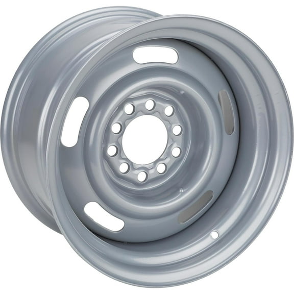 Speedway Motors 15x6 GM Rally Dual Pattern Steel Wheel, Silver Painted Finish, Fits 5x4.5 and 5x4.75 Bolt Circles, Clears Most 11 Inch Disc and Factory Drum Brake Setups