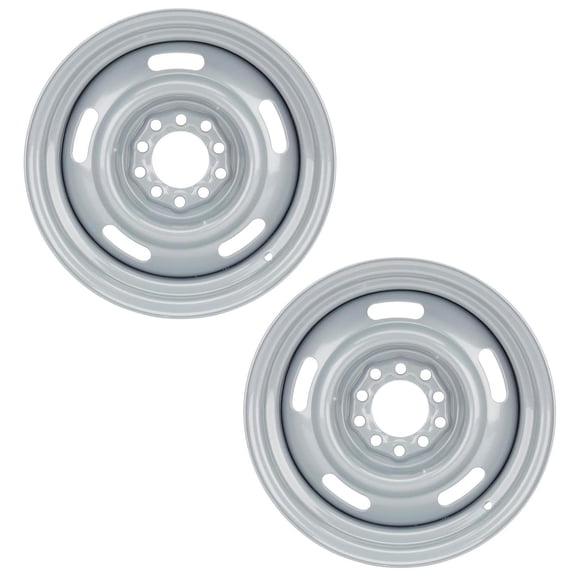 Speedway Motors Classic Rally 15x6 Steel Wheel Set Silver Finish, Dual 5 on 4.5 and 5 on 4.75 Bolt Pattern, 4 Inch Backspace, DOT Approved, Sold as a Pair