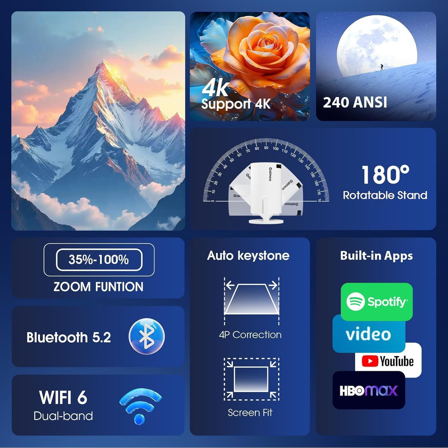 GM200  Projector with WiFi  Built-in Apps 4K Support Auto  180 °   Rotation for Home Theater
