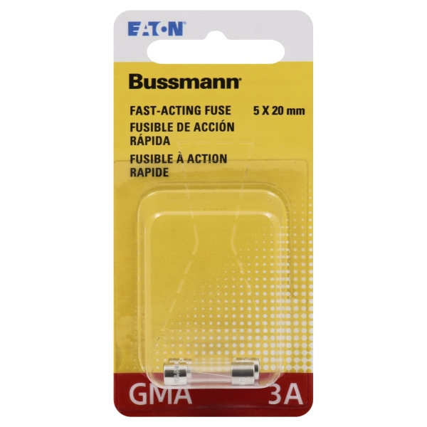 Bussmann BP/GMA-3A 3 Amp Glass Fast Acting Cartridge Fuse, 125V Carded UL Listed, 2-Pack
