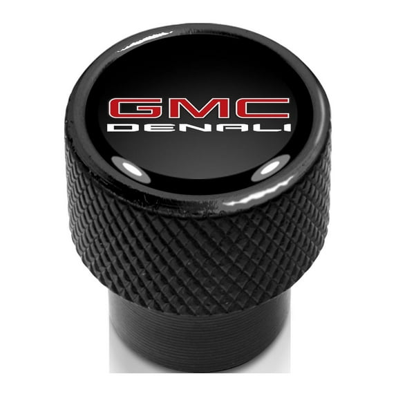 GMC Denali Nameplate in Black on Black Aluminum Tire Valve Stem Caps
