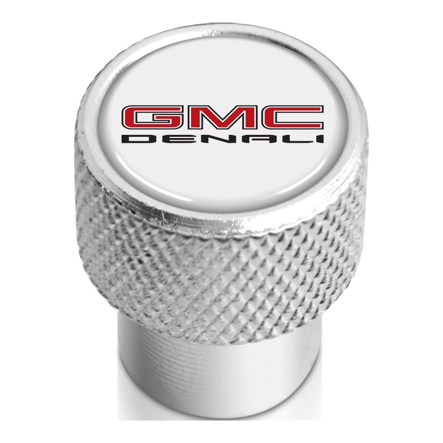 GMC Denali Nameplate in White on Shining Silver Aluminum Tire Valve