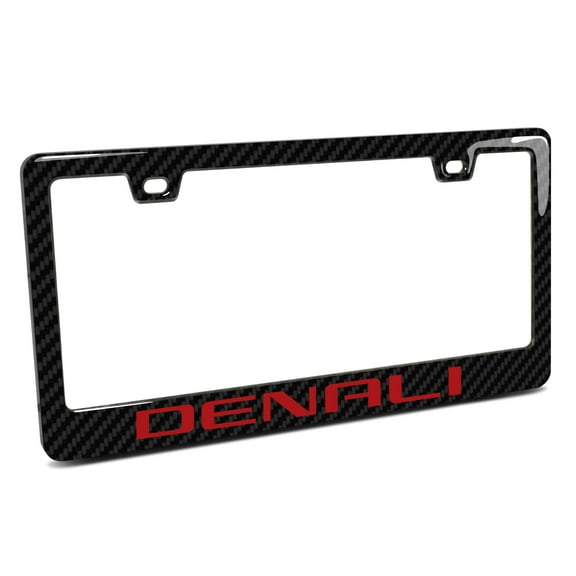 GMC Denali in Red in 3D on Real Carbon Fiber Finish ABS Plastic License Plate Frame