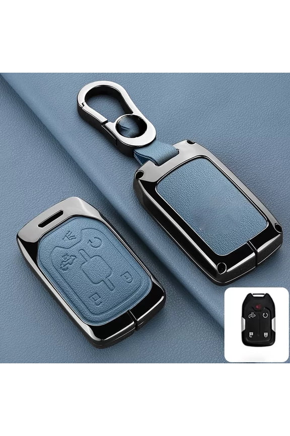 for GMC Key Fob Cover with Keychain, Blue Leather Rhinestone Key Case Protection Shell Compatible with GMC Suburban Tahoe Terrain Yukon Yukon XL Bling Car Accessories