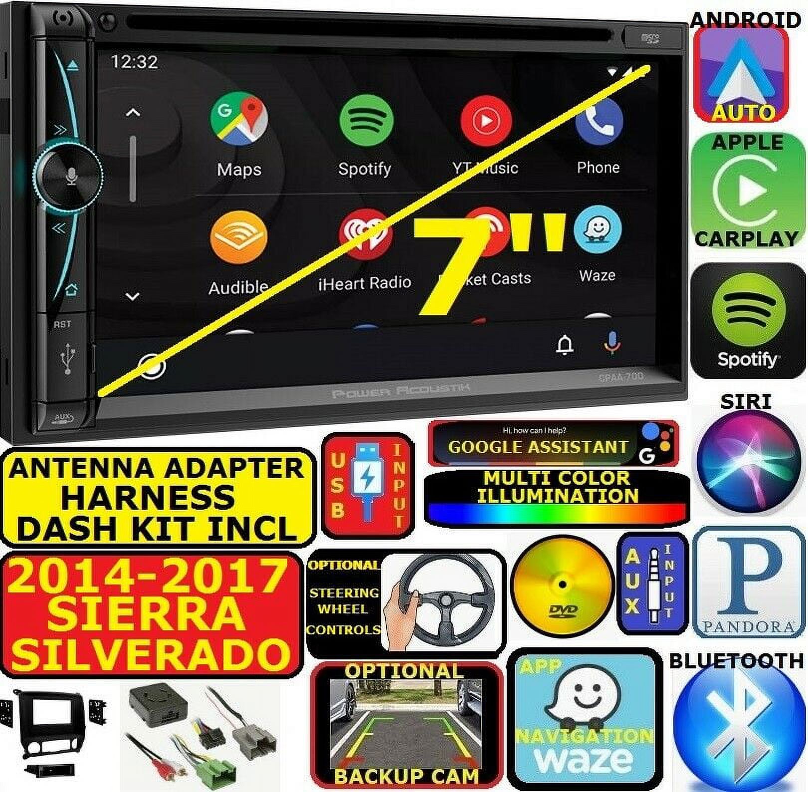 GMC SIERRA SAVANA GPS APPLE CARPLAY NAVIGATION (works with IPHONE) AM/FM USB/BLUETOOTH CAR RADIO STEREO PKG. INCL. VEHICLE HARDWARE: DASH KIT, WIRE HARNESS, AND ANTENNA ADAPTER WHEN REQIRED. - image 1 of 7