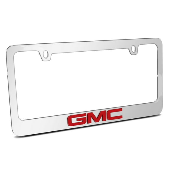 GMC in Red 3D Embossed Letters on Mirror Chrome Metal License Plate Frame