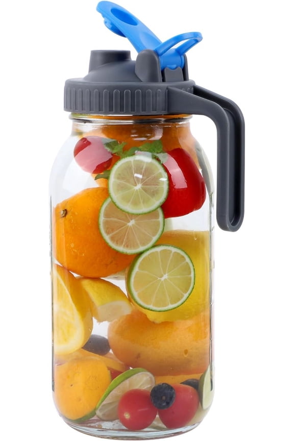 Mason Jar Pitcher with Pour Spout Lids & Handle, 64oz, Glass, Airtight Leak Proof