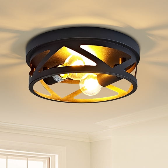 GMGSROM 2-Light Black Flush Mount Ceiling Light, 11" Industrial Geometric Metal Cage Drum Ceiling Lamp, Modern Farmhouse Ceiling Fixture with E26 Base for Hallway Kitchen Bedroom