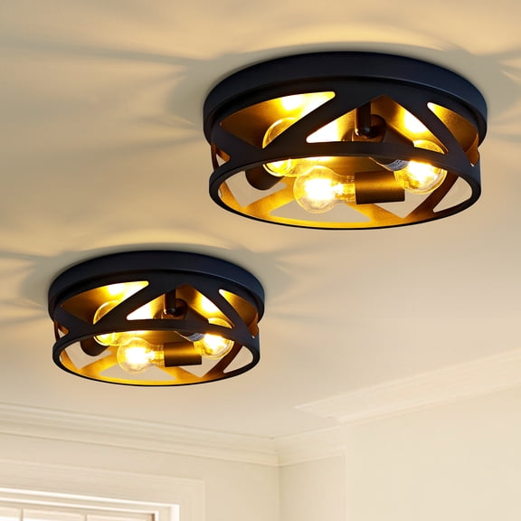 GMGSROM 2-Pack 3-Light Black Flush Mount Ceiling Light, 12.6" Industrial Geometric Metal Cage Drum Lamp, Modern Farmhouse Ceiling Fixture with E26 Base for Hallway Kitchen Bedroom Living Room