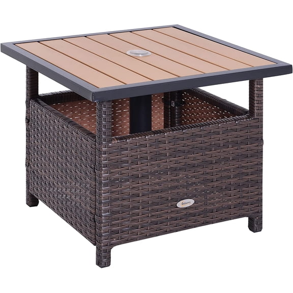 GMNIU 22" Outdoor Side Table with Umbrella Hole, Rattan Wicker End Table with Sand Bag and Steel Frame for Patio, Garden, Backyard, Brown & Light Yellow
