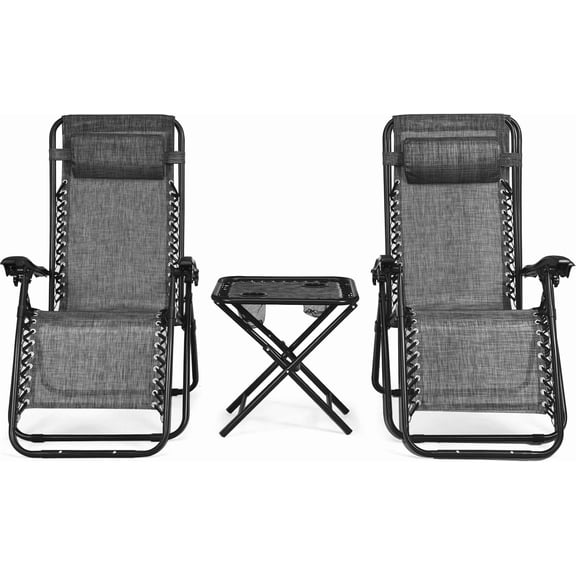 GMNIU 3 Pieces Outdoor Zero Gravity Chair Set, Folding Reclining Lounge Chair with Adjustable Backrest, Head Pillow, Matching Table with Cup Holder, Camping Recliner for Poolside, Yard (Grey)