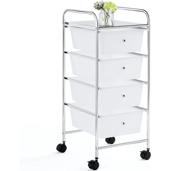 GMNIU 4 Tier Rolling Storage Cart with Removable Drawers Plastic Trolley Organizer craft cart organizer with drawers 360 Castor Wheels Cart, White