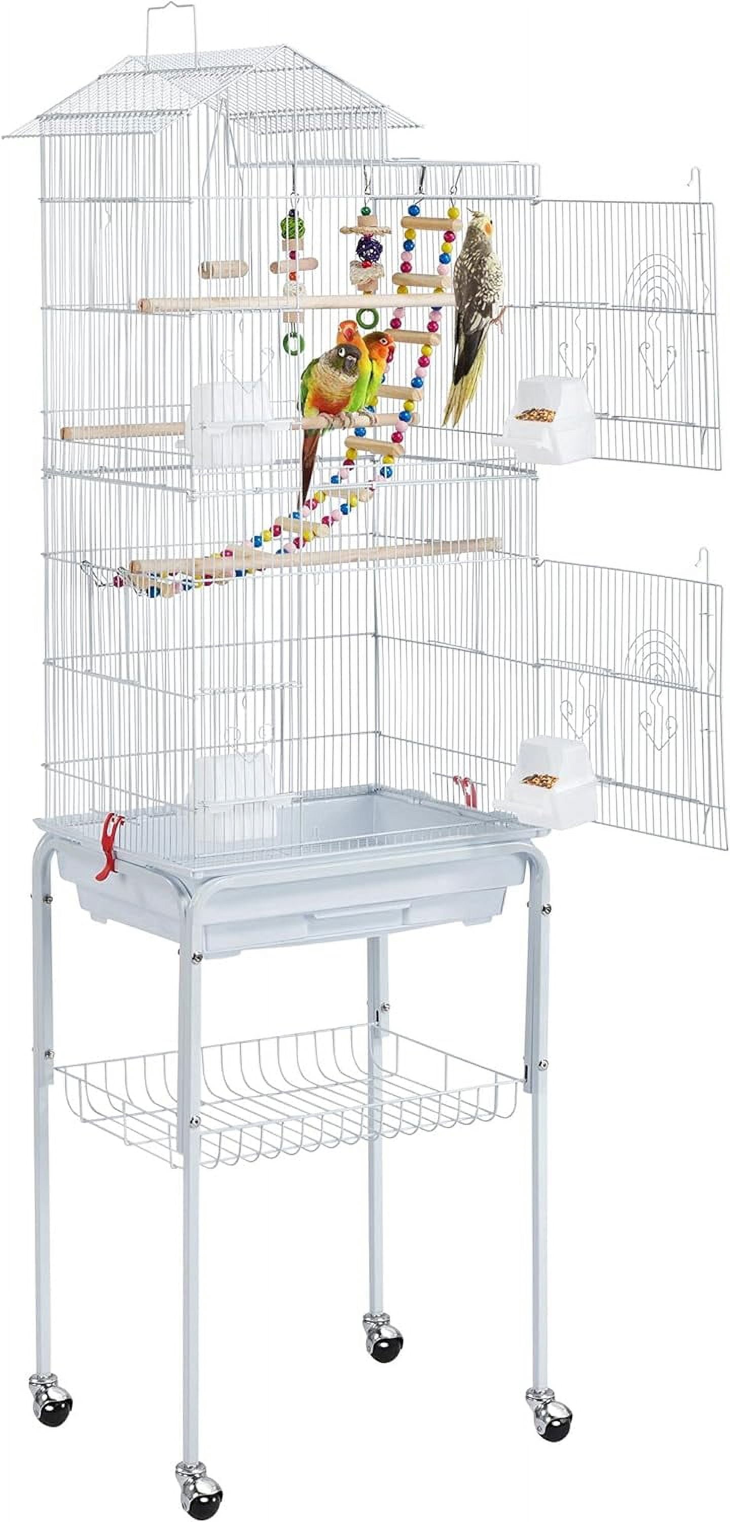 GMNIU 62.4inch Height Metal Roof Top Bird Cage Parrot Cage Parakeet Cage with Rolling Stand for Small Birds, White