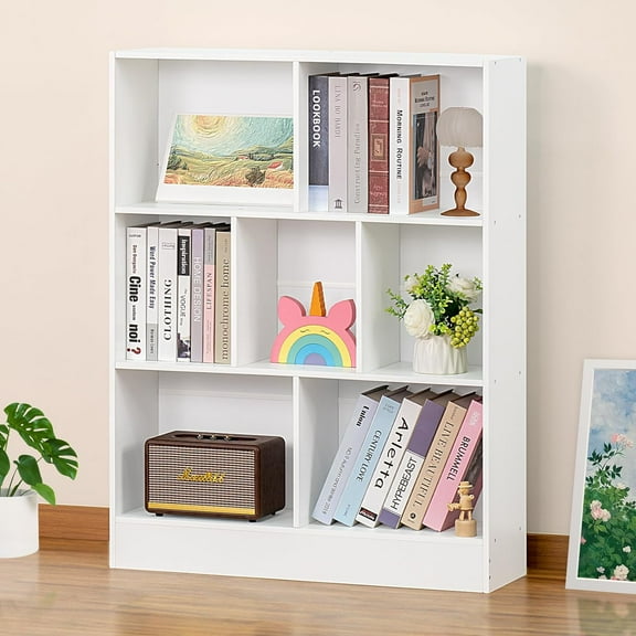 GMNIU 7 Cube Bookshelf,3 Tier Modern Horizontal Bookcase,Wooden Low Book Shelf Display Storage Cabinet with Base,Floor Standing Short Bookshelves Open Organizer for Bedroom,Living Room,Office