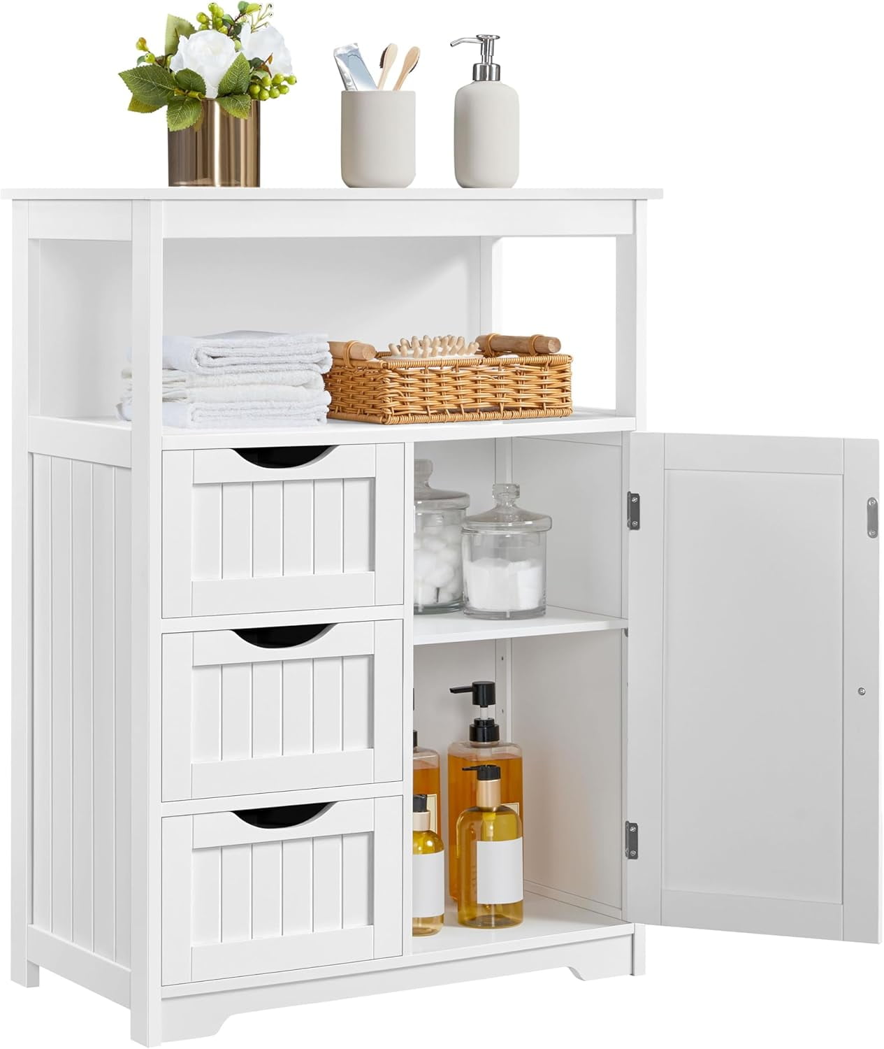 GMNIU Bathroom Storage Cabinet Bathroom Floor Cabinet Freestanding Storage and Organizer with Door, 3 Drawers, Adjustable Shelf, 35.5 Inches Height, White