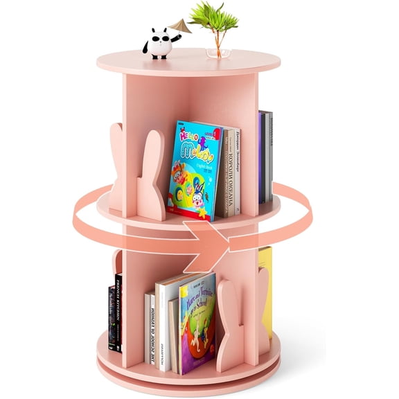 GMNIU Kids Rotating Bookshelf, 2 Tier Small Book Shelf with Bookends, 360 Display Spinning Bookshelf Tower, Corner Bookshelf for Small Space, Kids Room, Bedroom, Nursery (Pink)