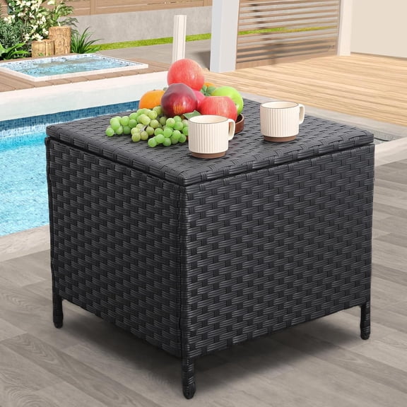 GMNIU Lane Outdoor Wicker Storage Side Table, Patio Black PE Rattan End Table with Storage, Square Container for Furniture Covers, Toys, and Gardening Tools