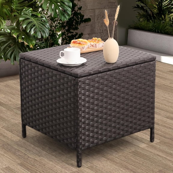 GMNIU Lane Outdoor Wicker Storage Side Table, Patio Brown PE Rattan End Table with Storage, Square Container for Furniture Covers, Toys, and Gardening Tools