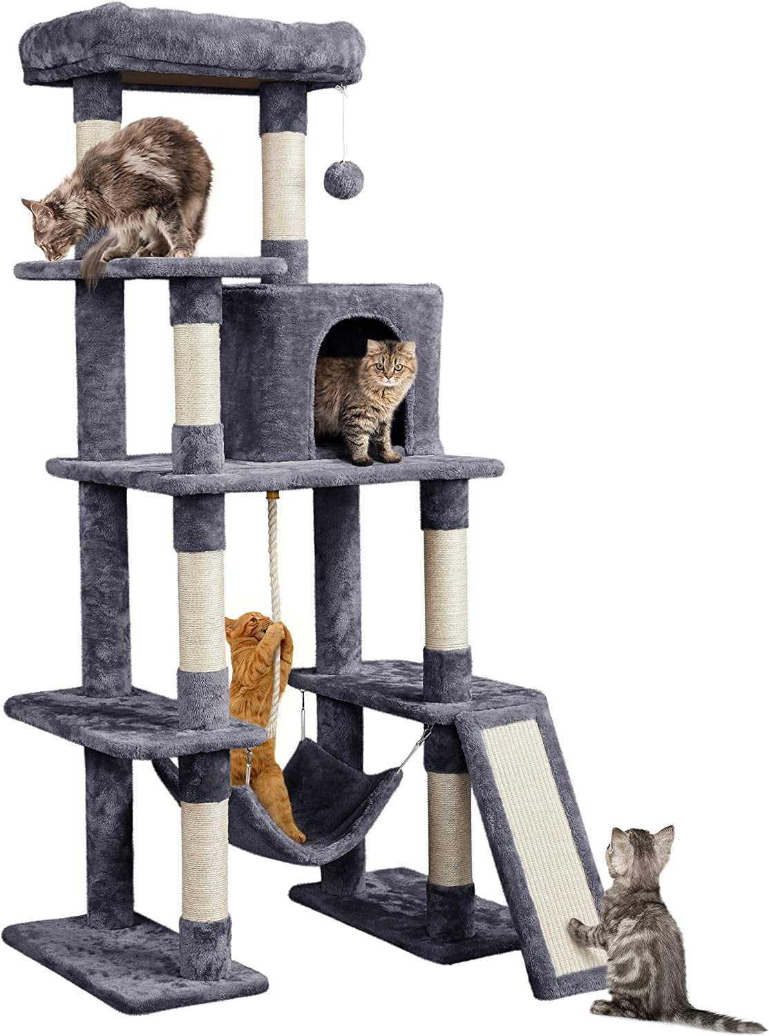 GMNIU Large Multi-Level Cat Tree, 63 Inches Tall with Sisal-Covered Scratching Posts, Condo, Hammock, Dangling Ball, and Extended Platform for Cats to Play and Sleep