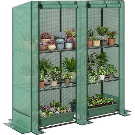 GMNIU Lean-to Greenhouse with 3 Tier Shelves, 56.7" x 18.9" x 59.8" Portable Small Greenhouse with PE Cover, 2 Roll-Up Zippered Doors, for Indoor Outdoor Garden Backyard Balcony, Green