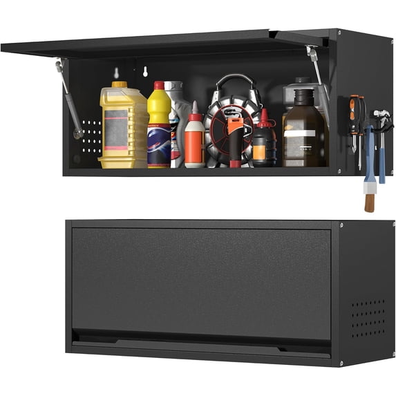 GMNIU Metal Wall Cabinet, Garage Wall Cabinet with Up-Flip Door, 31.5" W Wall Mounted Metal Storage Cabinet for Kitchen,Garage,Basement,Ware House Assembly Required (Black)