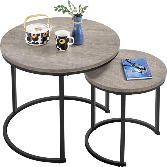 GMNIU Nesting Side Tables Set of 2, Modern Round End Tables w/Waterproof Scratch Resistant Surface & Sturdy Metal Base for the Living Room,Guestroom, Balcony, Apartment and Small Space,Gray