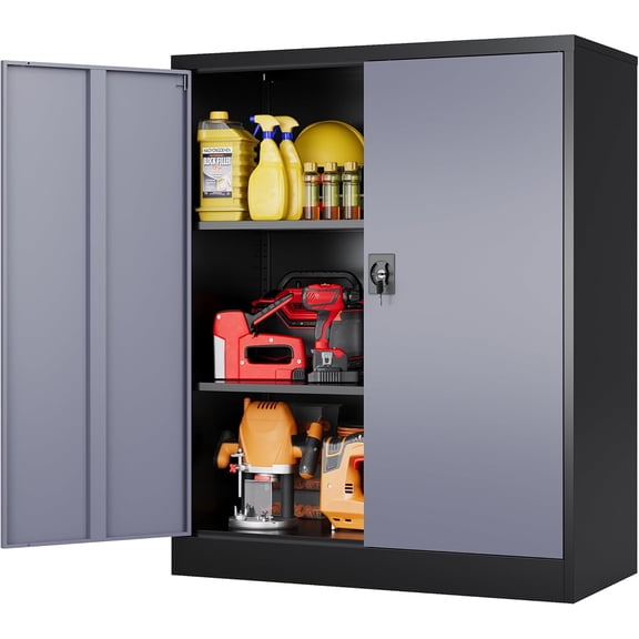 GMNIU Small Metal Cabinet with Shelves,36 inch Garage Storage Cabinet with Lock,Gray Metal Storage Cabinets with Locking Doors,Small Steel Lockable Cabinets for Home,Office,Shop,Garage