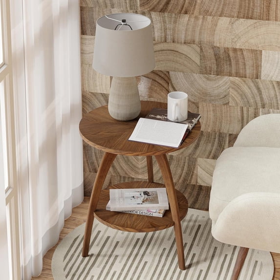 GMNIU Wood Round End Table with Storage Shelf, Walnut Finish Mid-Century Modern Accent Side Table with Curved Legs for Living Room, Easy Assembly, Stylish, Natural, Brown