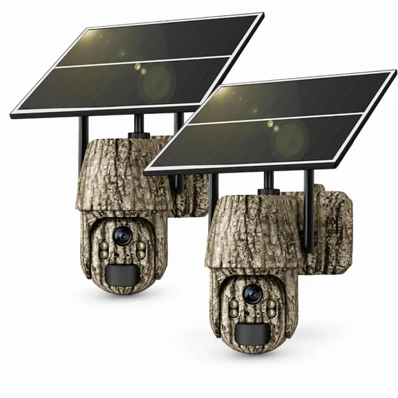 GMOX 2 Pack 4G LTE Cellular Trail Cameras, Solar Game Cameras with Built-In SIM, 48MP Photos, 2K Live View, 360 ° View, PIR Night Vision, No WiFi, IP65, Camo