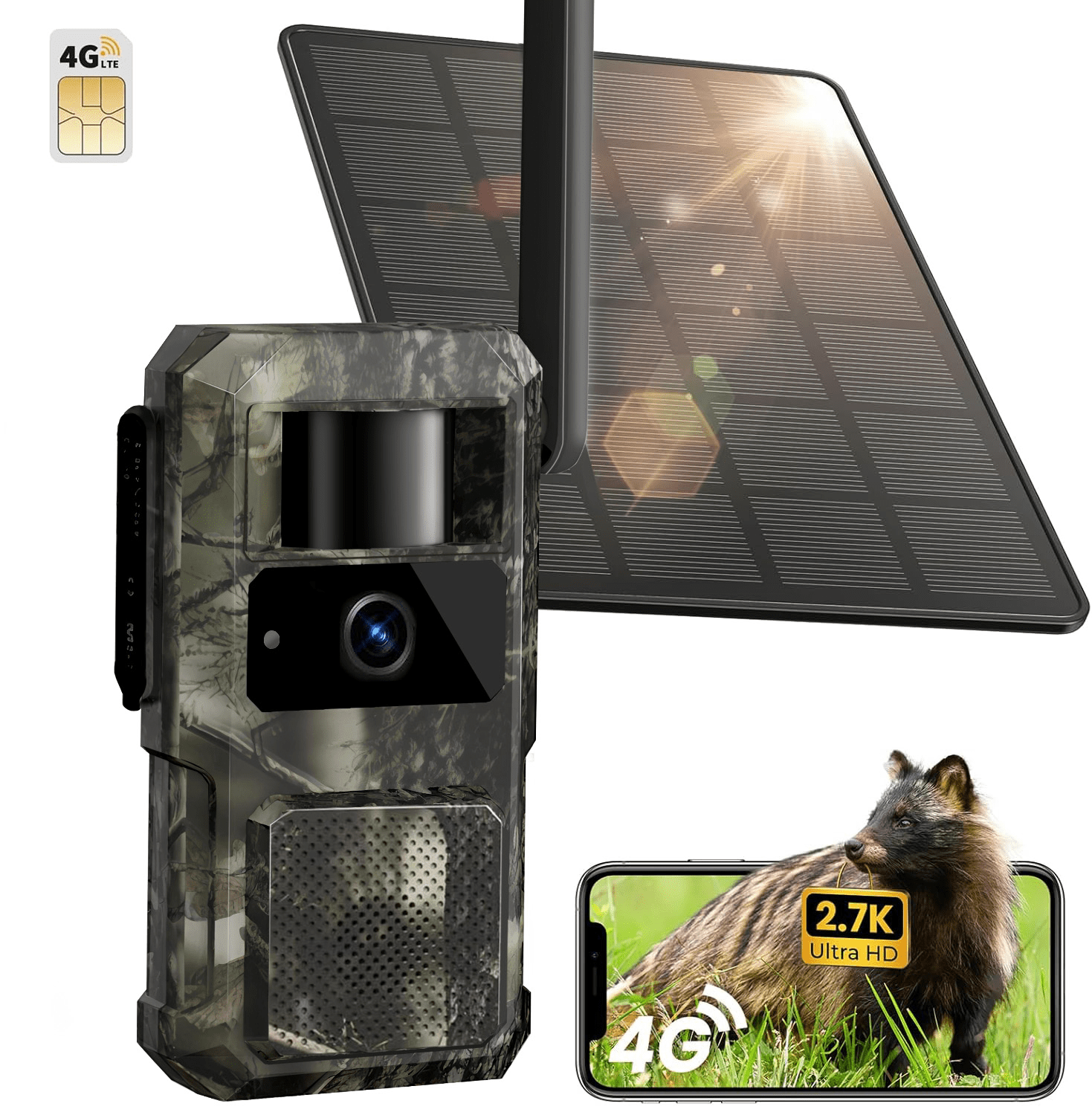 GMOX 4G LTE Cellular Solar Trail Camera, Wireless Game Hunting Camera with 10400mAh Battery, 950nm No Glow Night Vision, IP66 Waterproof, Leaf