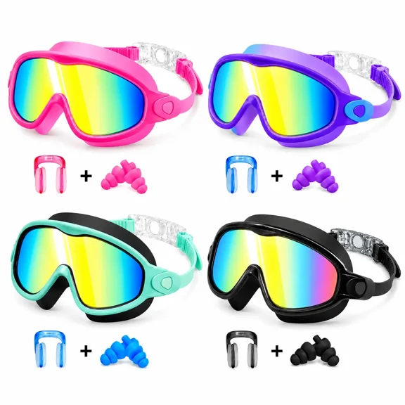 GMOX Kids Swim Goggles, 4 Pack, Anti-Fog UV Protection Wide View Swimming Goggles with Nose Clips, Earplugs and Storage Bags for Boys and Girls