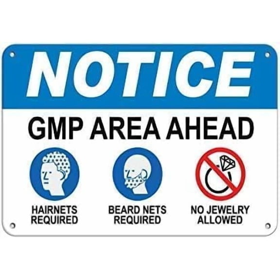 GMP Area Ahead Hairnets etc Notice Caution Sign - Durable Metal Warning Sign Garage & Warehouse Industrial Decor Communicates GMP Requirements ensuring Compliance in Regulated environments 8X12 Inch