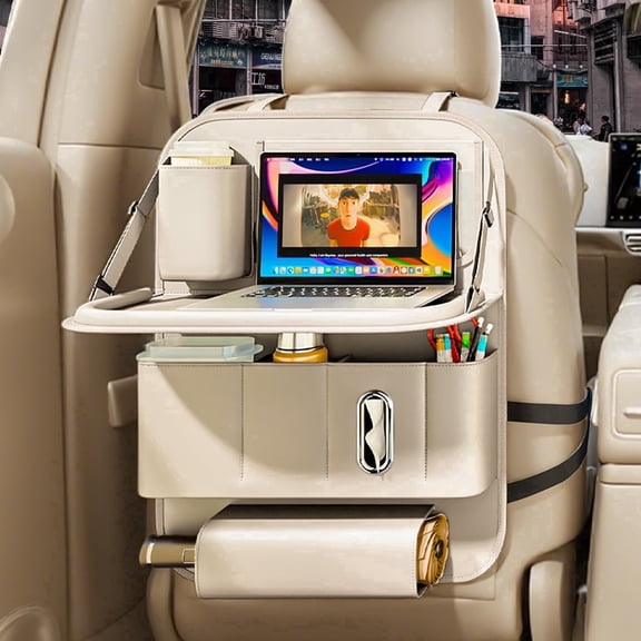 GMQ Backseat Car Organizer with Tray 1 Pack,Multifunctional Seat Back Organizer for Kids with Storage Pockets,23 in x 16 in(Beige)