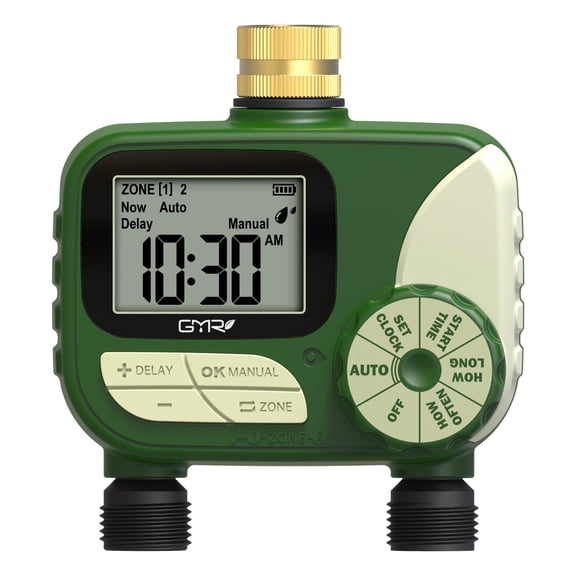 GMR Hose Timers for Watering, Sprinkler Timer Outdoor with Brass Inlet, Water Timer for Garden Hose with Rain Delay/Manual/Auto Irrigation System, Programmable Garden Hose Timer for Yard, 2 Outlet