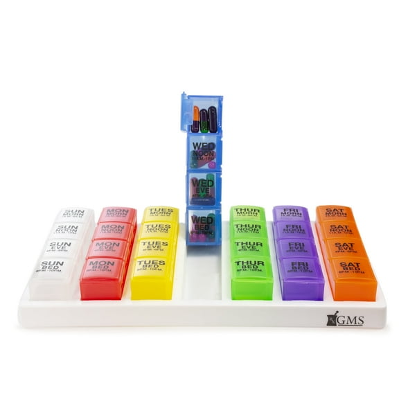 GMS 4 Times a Day Weekly Pill Reminder for Medications, Vitamins, Supplements and Other Pills - Includes 7 Removable Pill Boxes in a Flat White Tray (Rainbow)