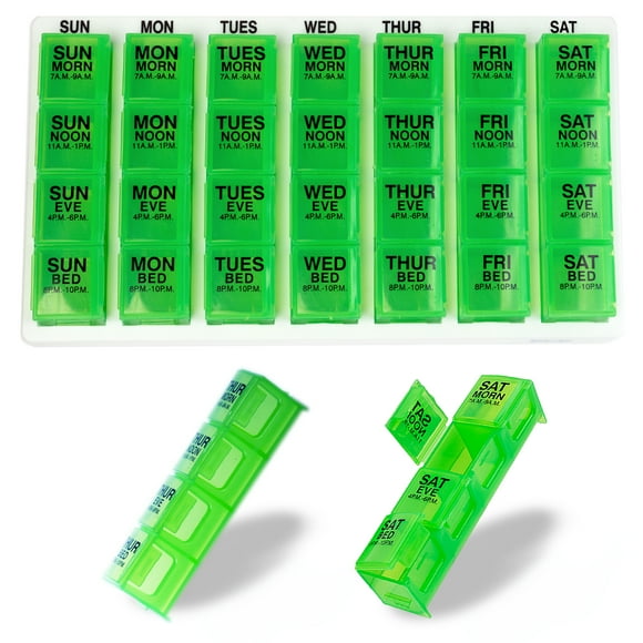 GMS 4 Times a Day Weekly Pill Reminder - Includes 7 Removable Pill Boxes in a Flat White Tray (Green)