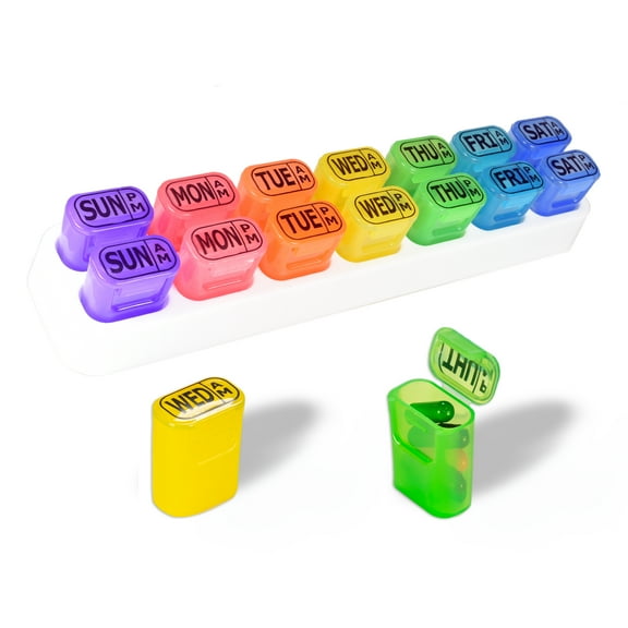 GMS Weekly Pill Organizer - 7 Day AM/PM Pop Out Pill Pods for Supplements, Vitamins & Medications - Ideal for Daily Use & Travel - Rainbow
