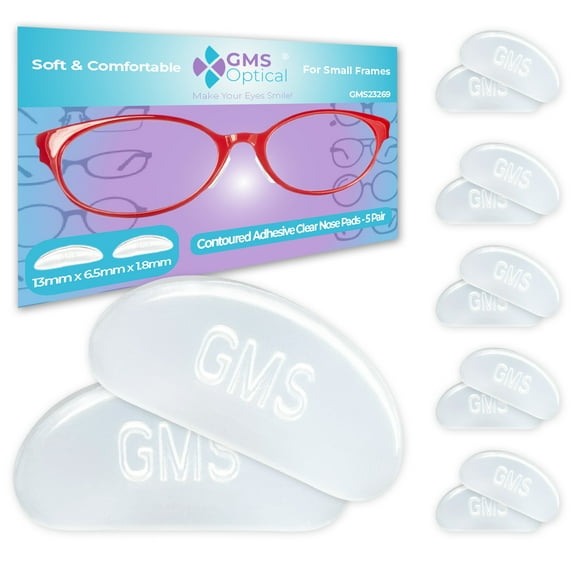 GMS Optical Contoured Adhesive Silicone Nose Pads for Glasses – 13mm Short Length, 1.8mm Thickness, Anti-Slip Backing ( 5 Pair, Clear)
