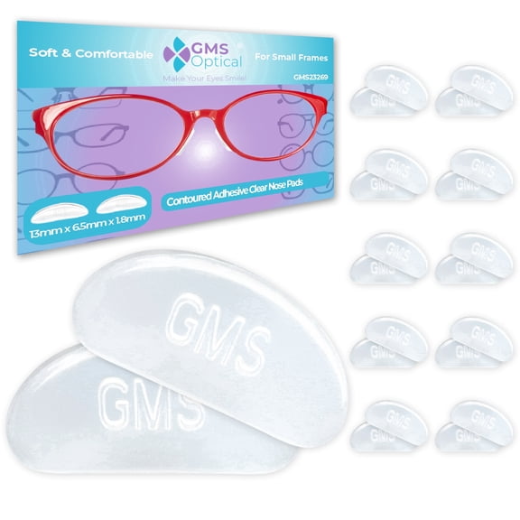 GMS Optical Contoured Adhesive Silicone Nose Pads for Glasses  13mm Short Length, 1.8mm Thickness, Anti-Slip Backing ( 10 Pair, Clear)