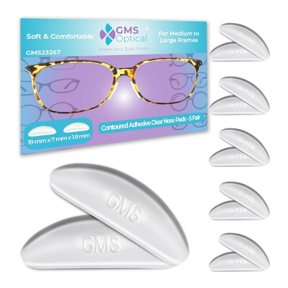 GMS Optical Contoured Adhesive Silicone Nose Pads for Glasses – 18mm Length, 1.8mm Thickness, Anti-Slip Backing ( 5 Pair, Clear)