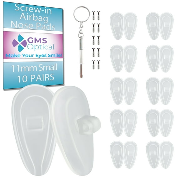 GMS Optical Air Bag Screw-In Silicone Nose Pads for Glasses – Extra Small 11mm Length, 6mm Width, with Screws & Screwdriver (10 Pair, Clear)