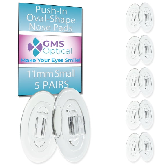 GMS Optical 11mm Extra Small Length / 8.5mm Width / 2.5mm Thick  Oval Push-In Soft Silicone Nose Pads for Glasses, Eyeglasses & Sunglasses (5 Pair, Clear)