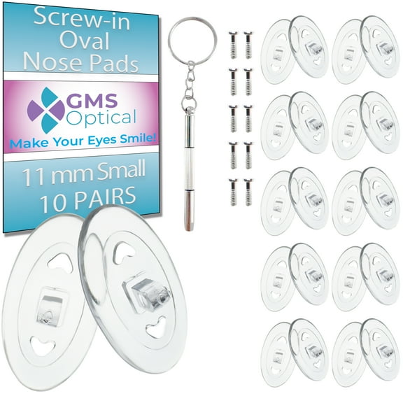GMS Optical 11mm Extra Small Length / 8mm Width / 2.5mm Thick  Oval Screw-In Soft Silicone Nose Pads for Glasses, Eyeglasses & Sunglasses with Screws & Screwdriver (10 Pair, Clear)